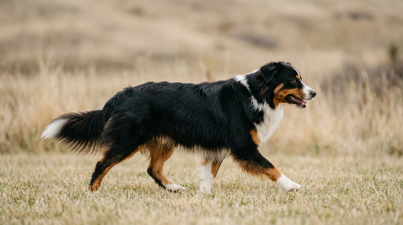 Australian Shepherd rennt über eine Weide