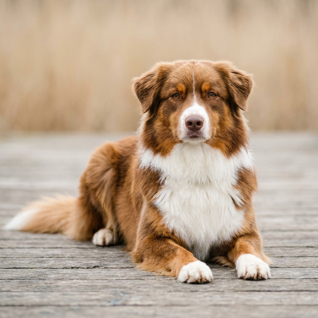Australian Shepherd liegt im Stroh