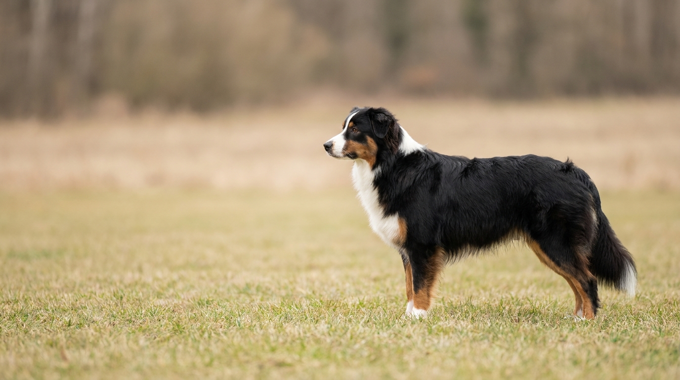 Australian Shepherd steht auf einer Wiese