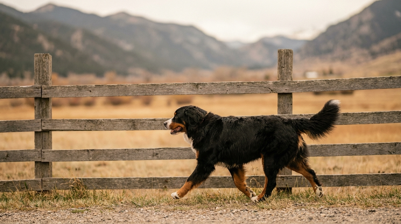 Berner Sennenhund läuft über eine Wiese