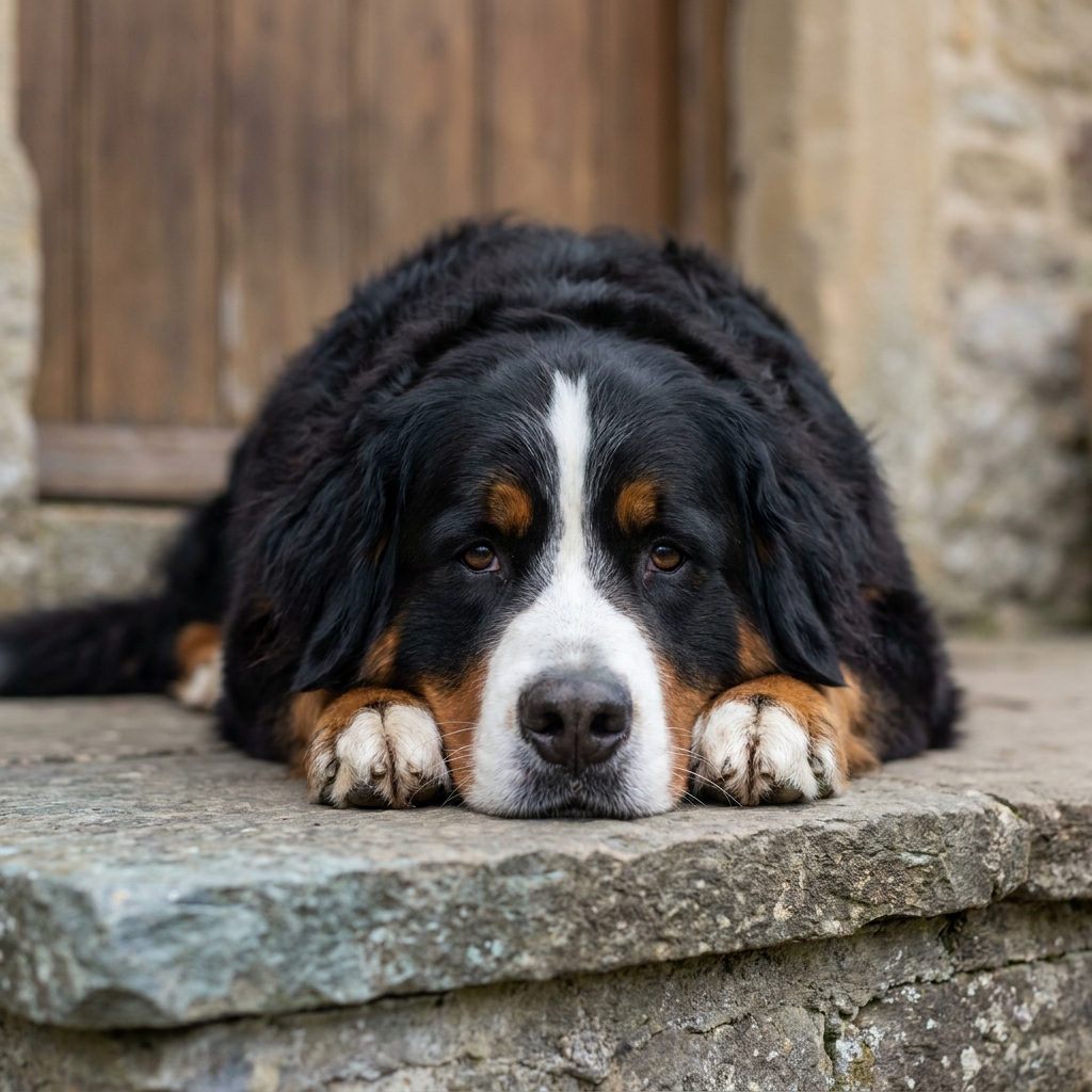 Berner Sennenhund liegt ruhend am Boden