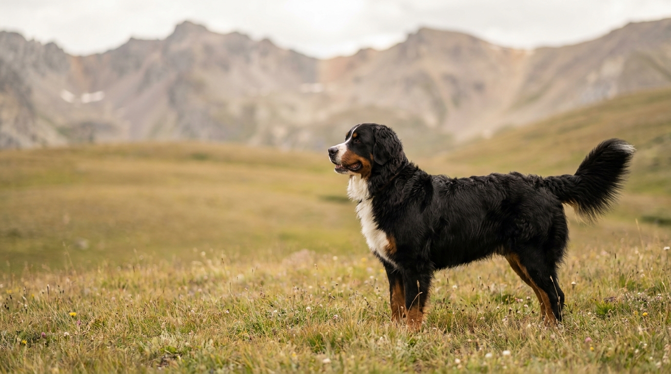 Berner Sennenhund steht auf einer Wiese
