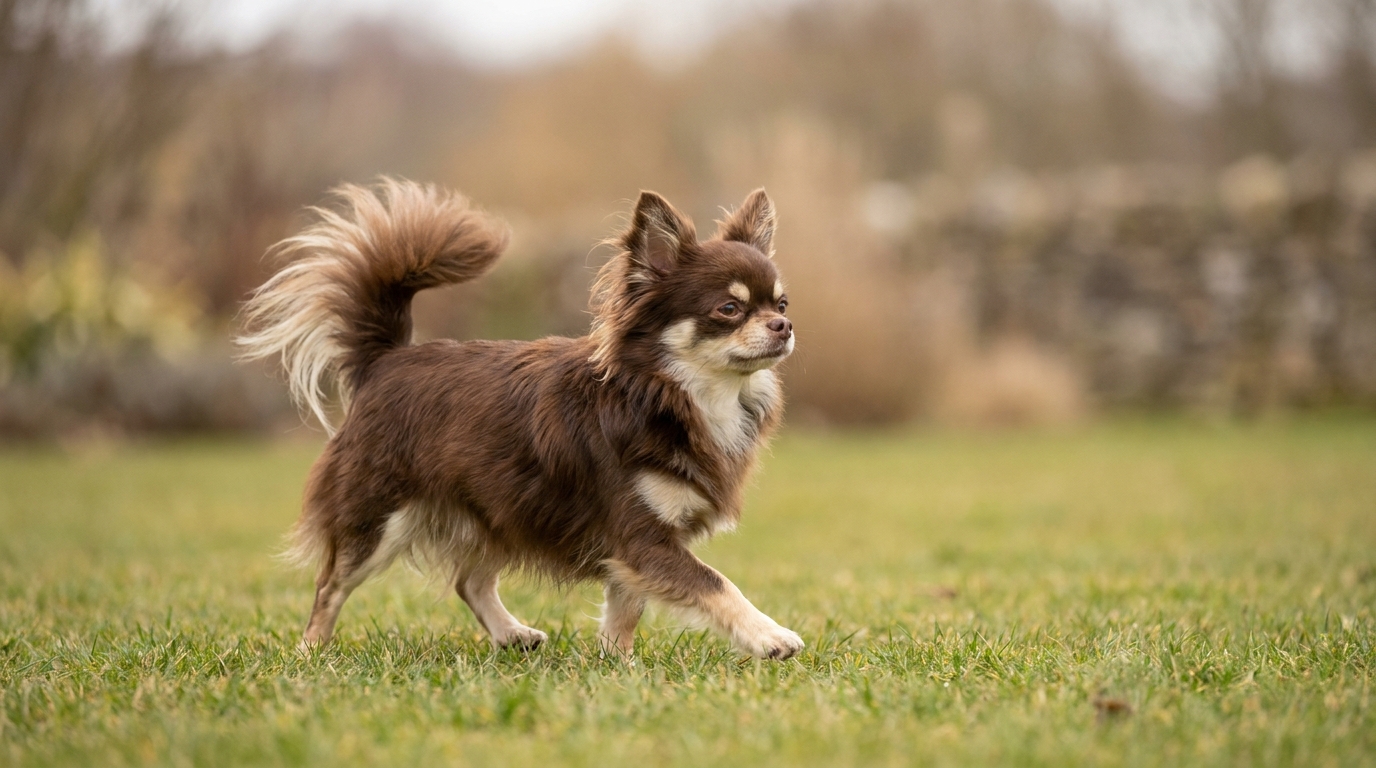 Chihuahua läuft über eine Wiese