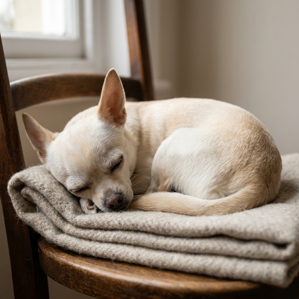 Chihuahua liegt entspannt auf einer Decke