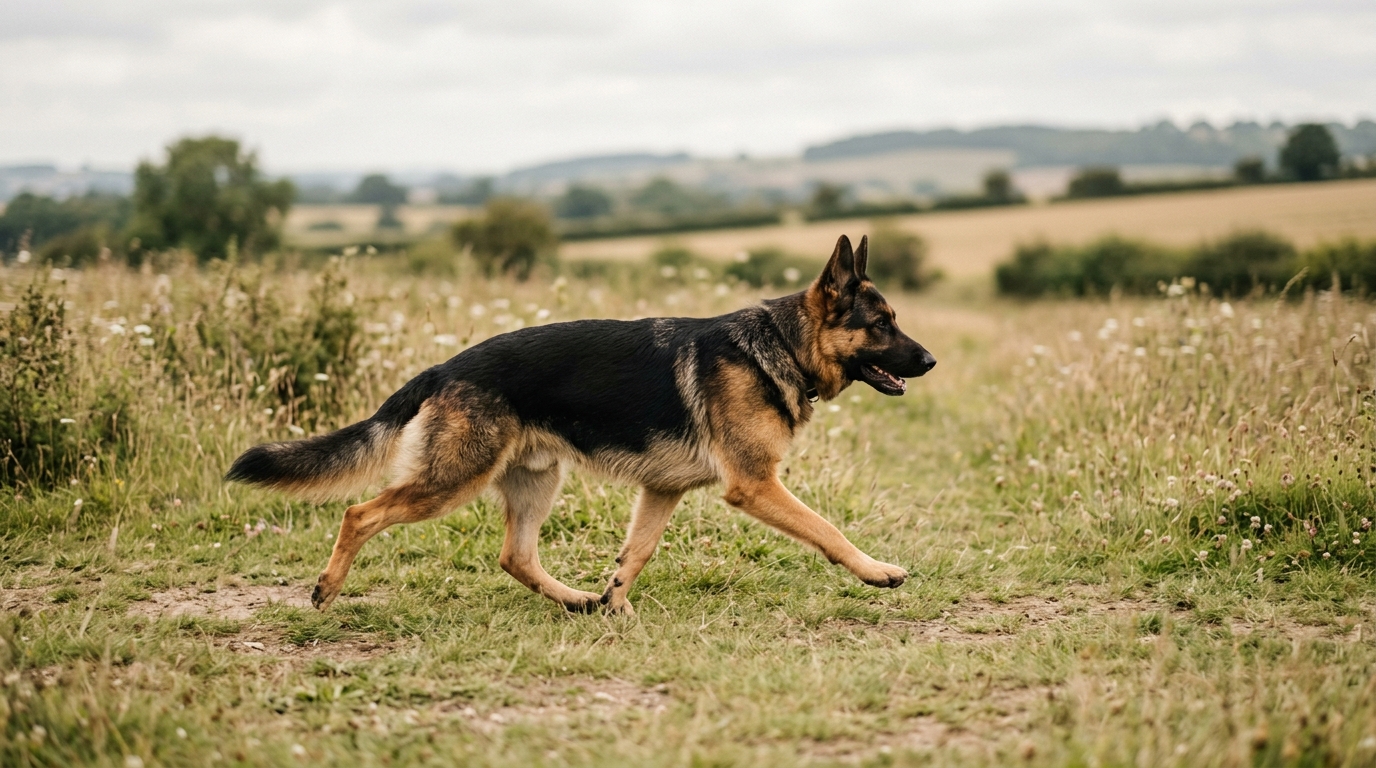 Deutscher Schäferhund rennt über eine Wiese