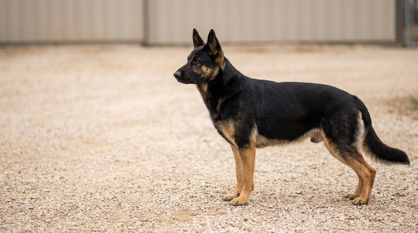Deutscher Schäferhund steht aufmerksam auf einer Wiese