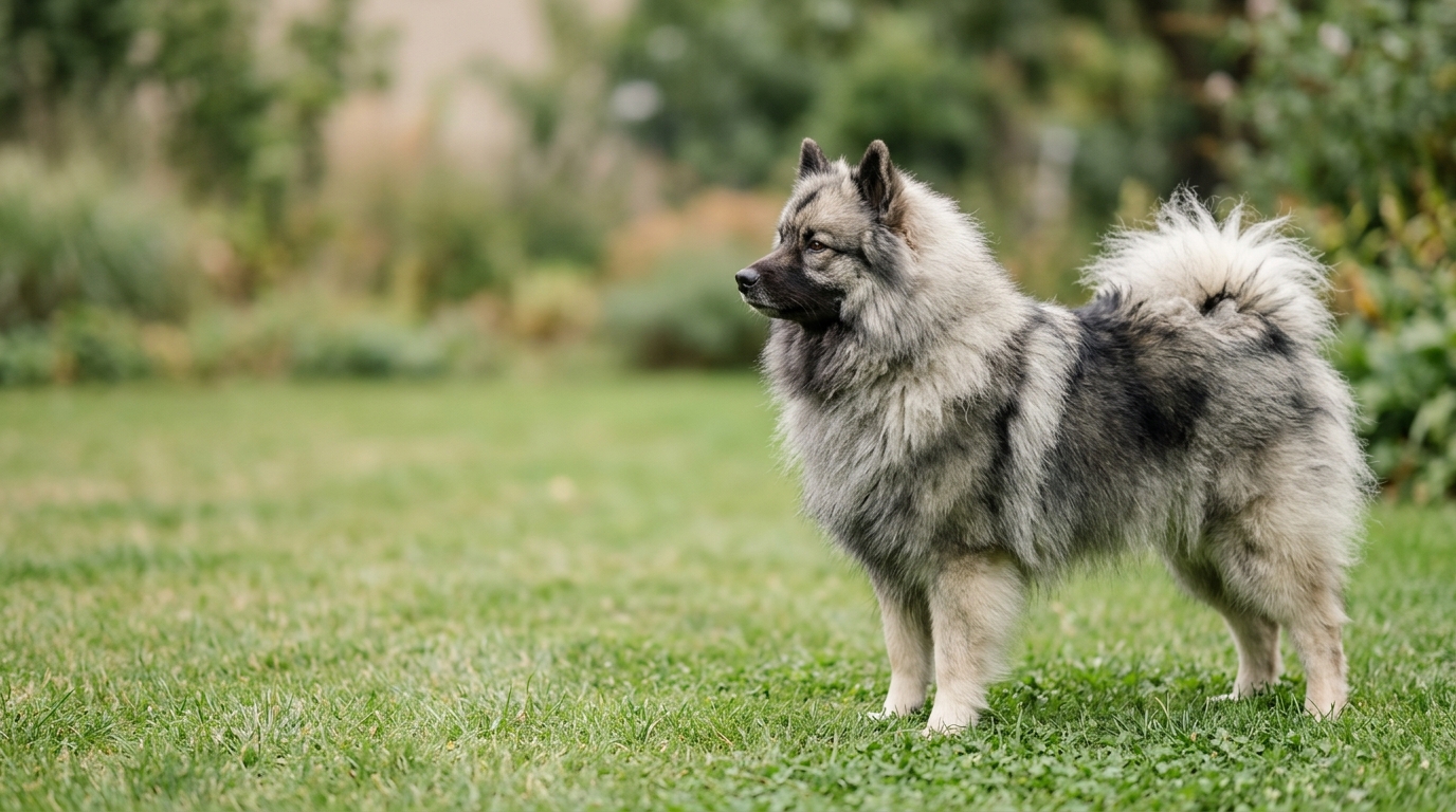 Wolfsspitz steht aufmerksam im Freien