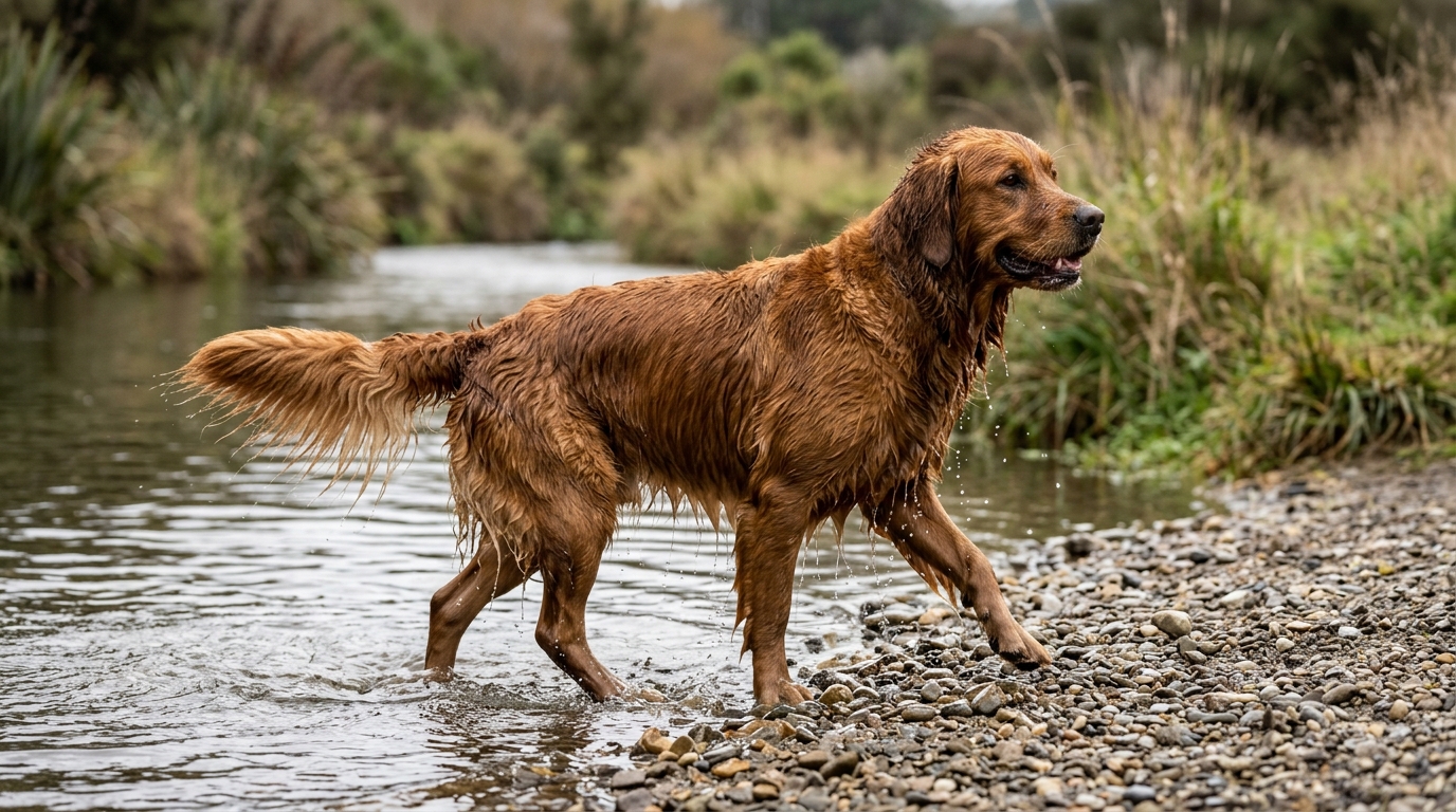 Golden Retriever rennt über eine Wiese