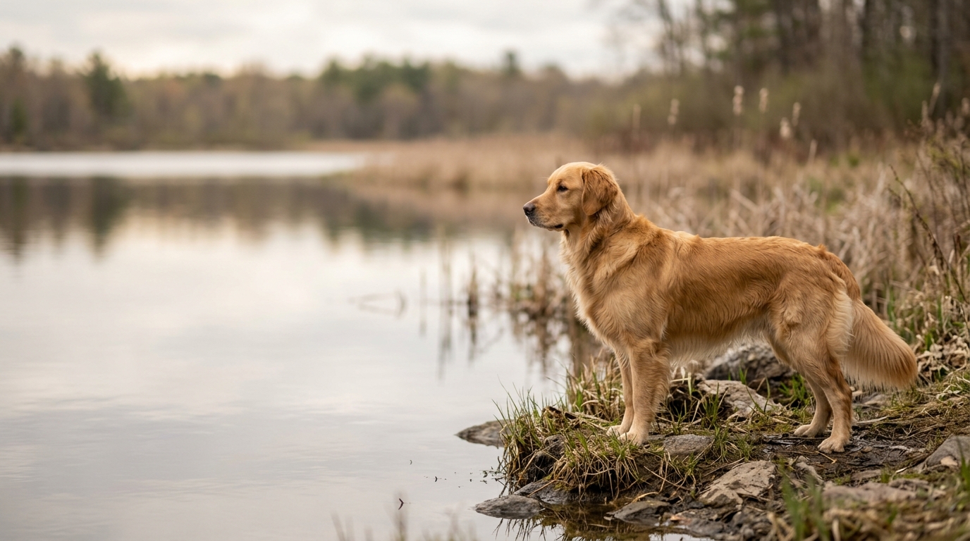 Golden Retriever steht auf einer Wiese