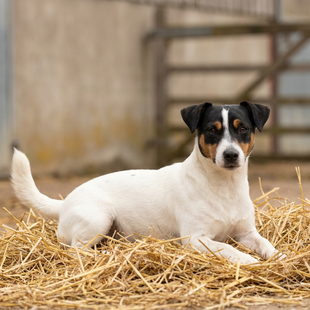 Jack Russell Terrier liegt entspannt im Stroh