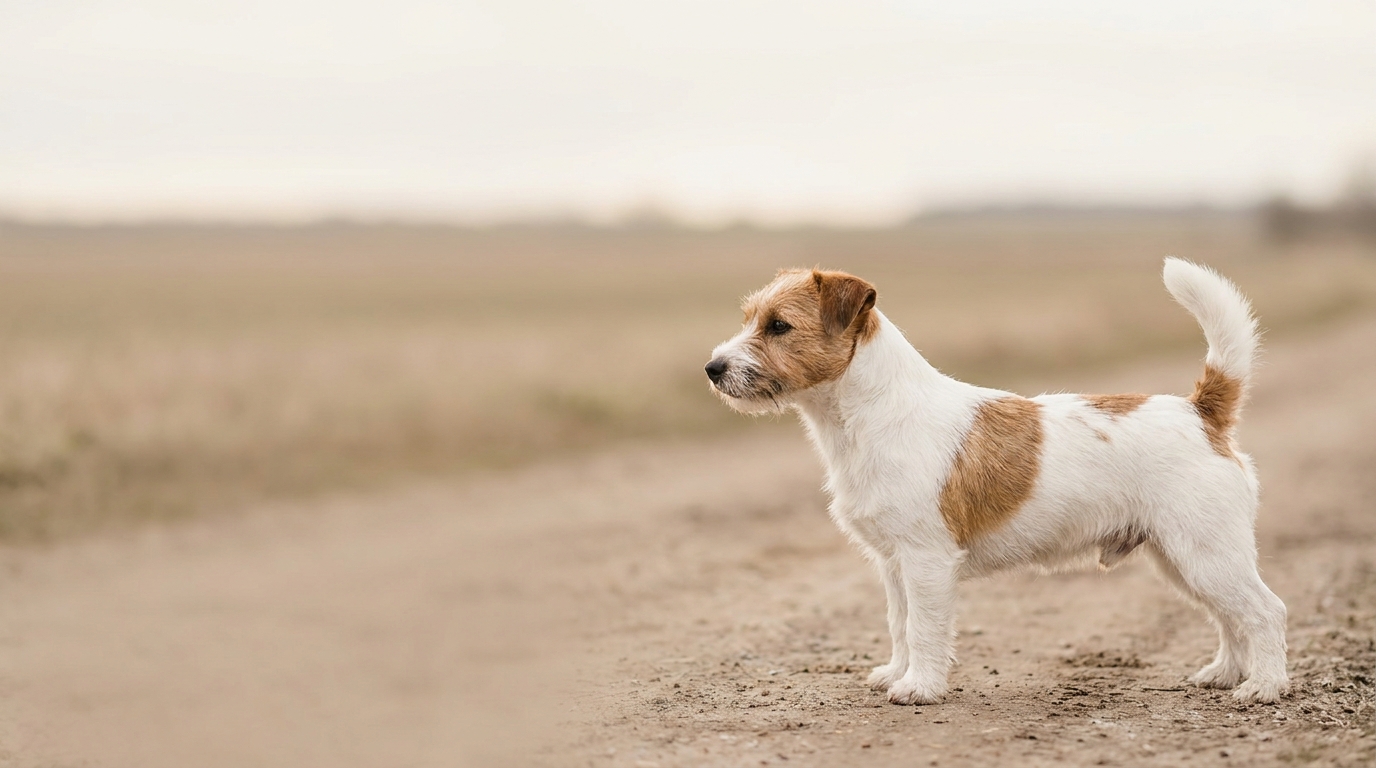 Jack Russell Terrier steht auf einer Wiese