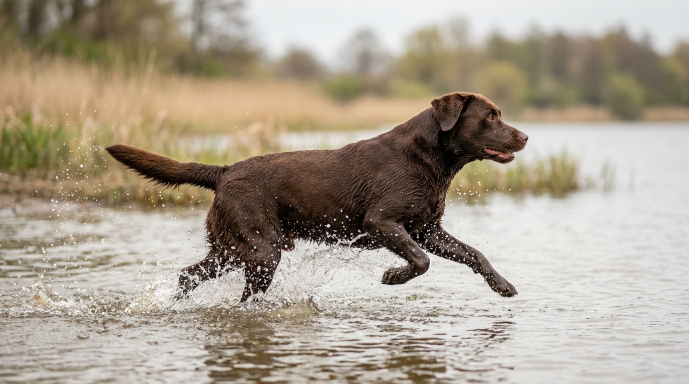 Schokobrauner Labrador Retriever läuft durch Flachwasser