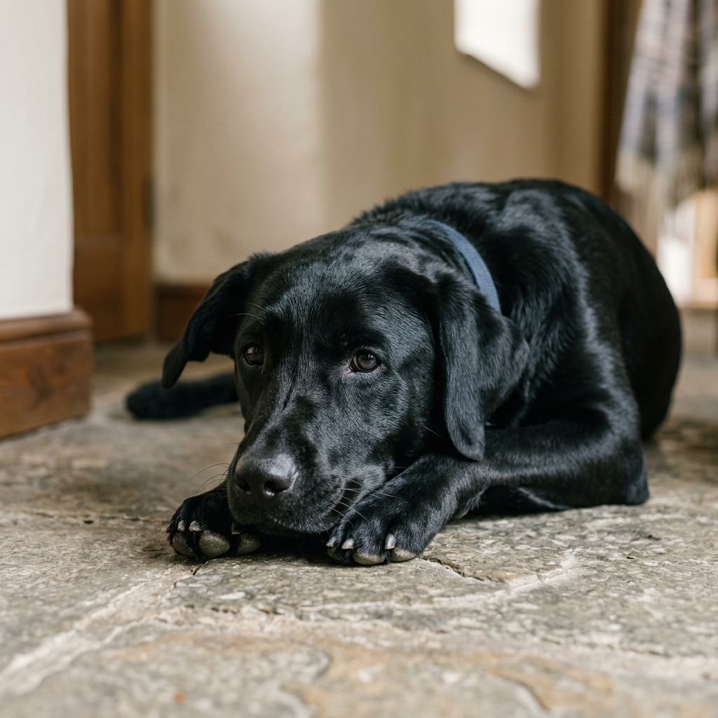 Schwarzer Labrador Retriever liegt entspannt