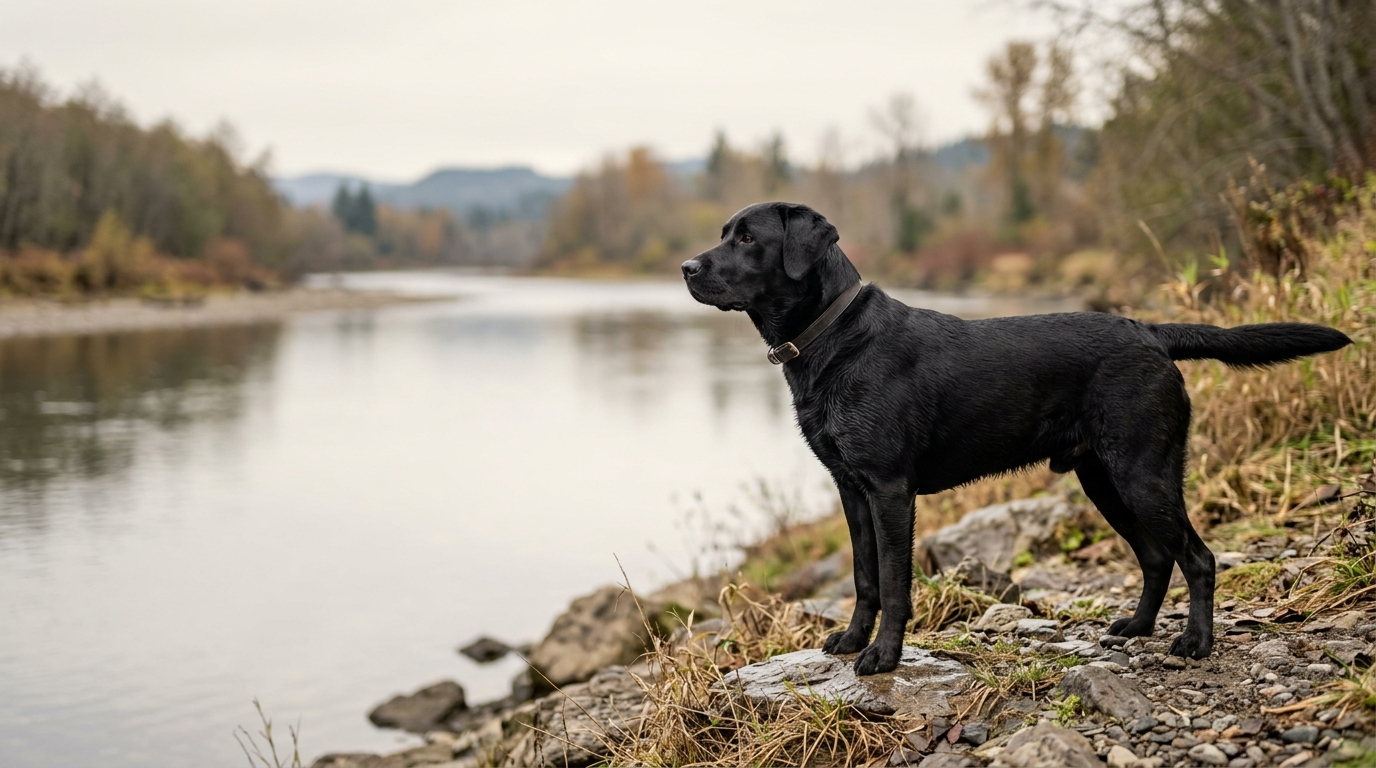 Schwarzer Labrador Retriever am Flussufer