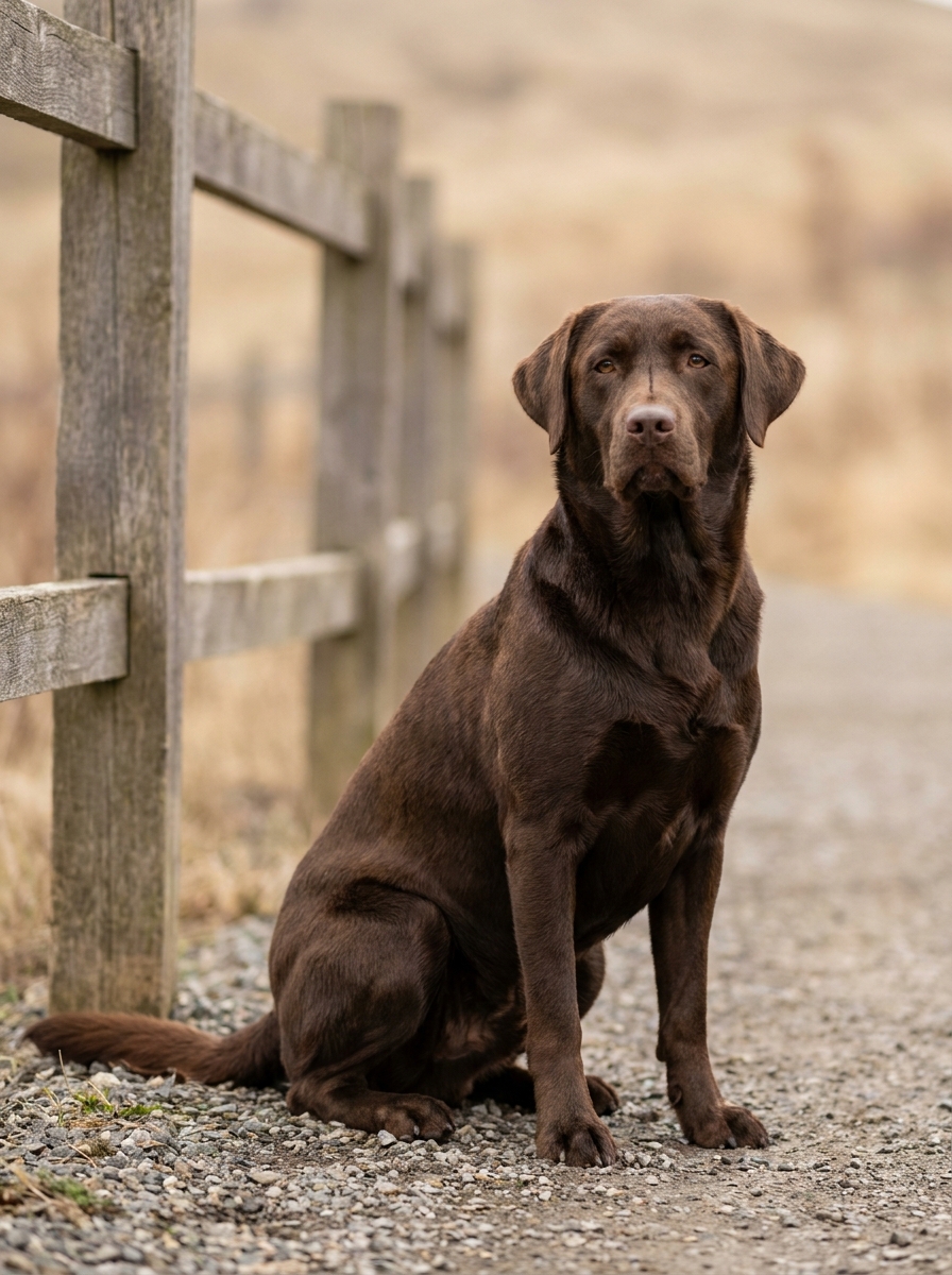 Labrador auf einem Weg am Zaun