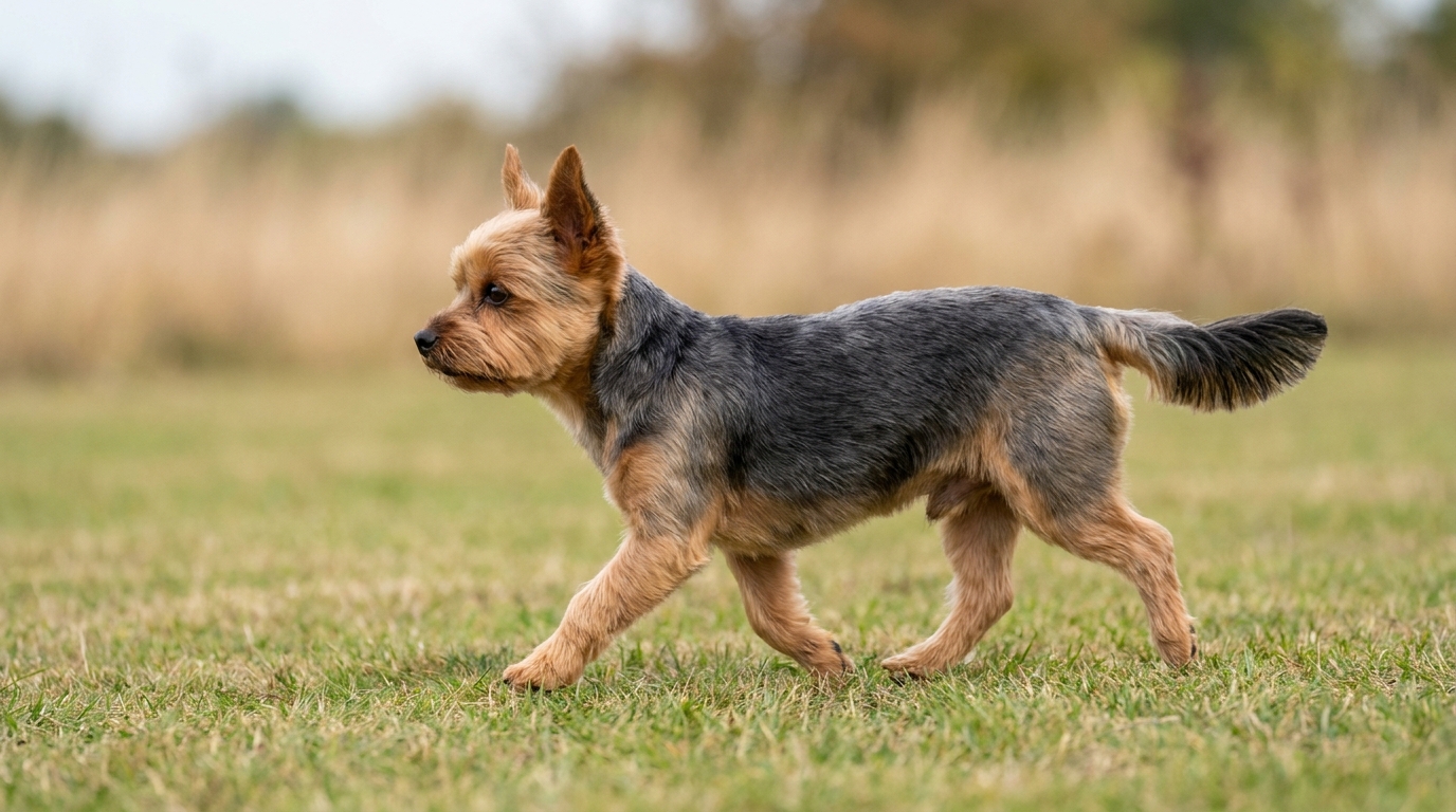 Yorkshire Terrier läuft über eine Wiese