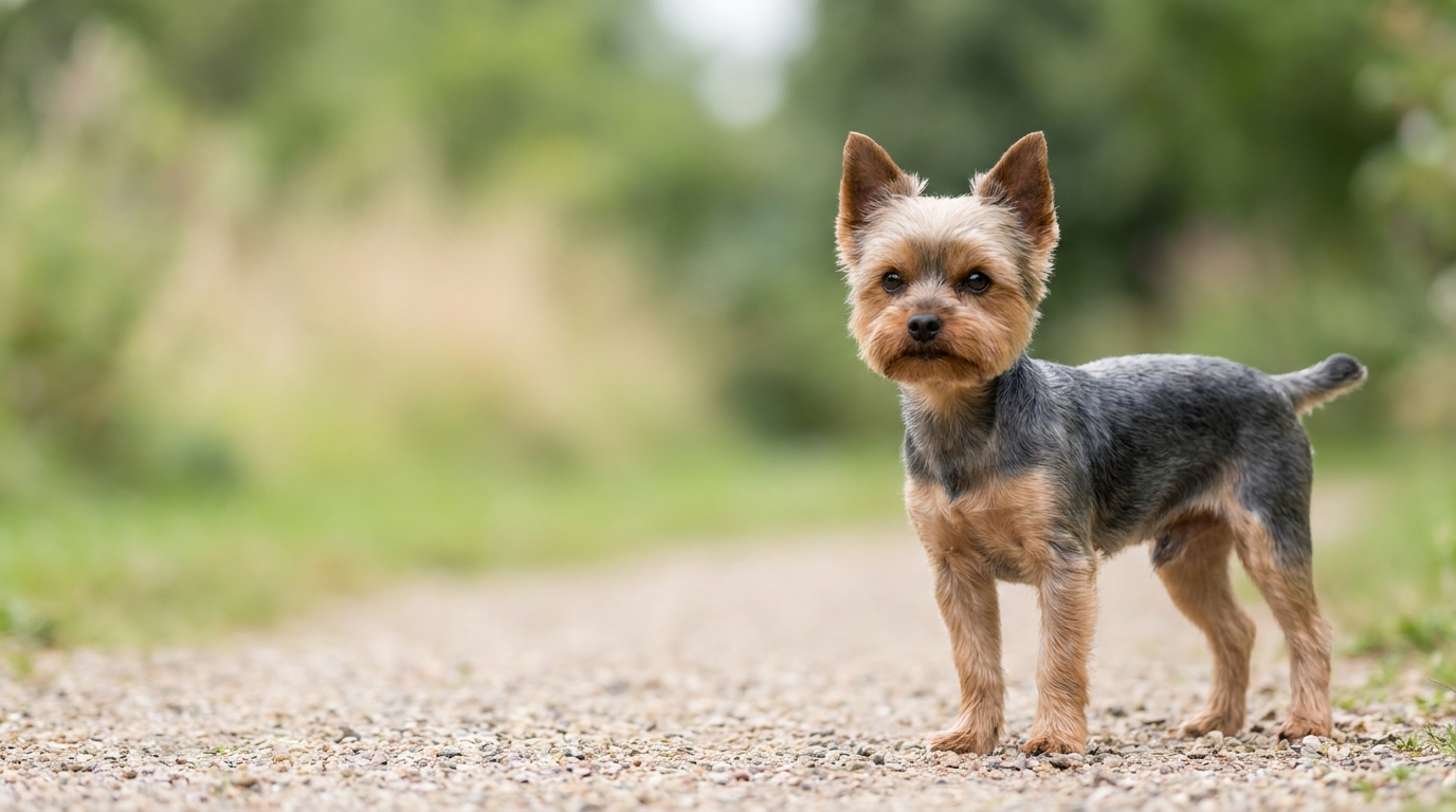 Yorkshire Terrier steht aufmerksam im Freien